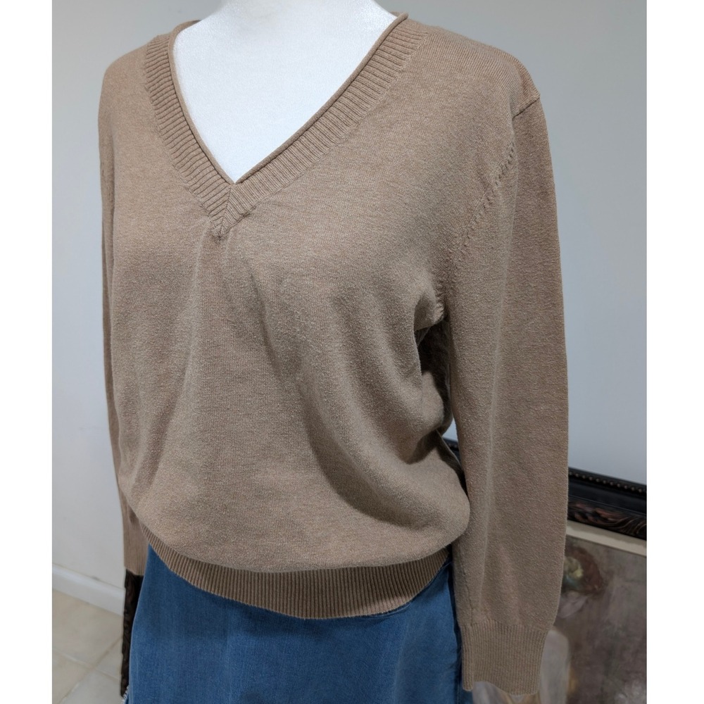 Khaki Minimalist‎ Preppy Quiet Luxury V Neck Long Sleeve Sweater Ribbed Waist L